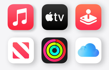 Icônes d’Apple Music, Apple TV, Apple Arcade, Apple News, Apple Fitness+ et de l’app iCloud