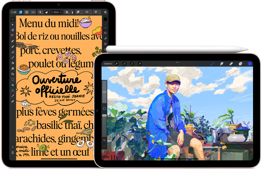 iPad mini à gauche, orientation portrait. L’image montre un menu agrémenté de dessins. À droite, iPad mini, orientation paysage. Un Apple Pencil deuxième génération est fixé au dessus de l’appareil.