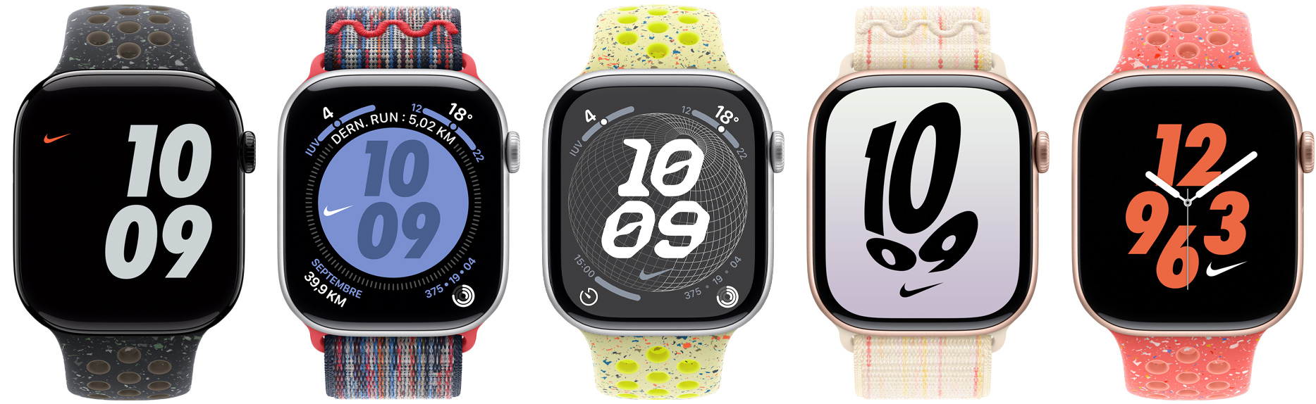 Cinq Apple Watch avec bracelets sport Nike et bracelets sport à rabat Nike, affichant des cadrans Nike de différentes couleurs