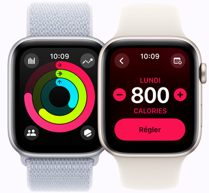 Image montrant deux Apple Watch SE qui affichent respectivement les anneaux d’activité et l’objectif de dépense calorique