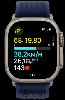 Apple Watch Ultra 2 affichant la vitesse d’une personne sur son vélo.