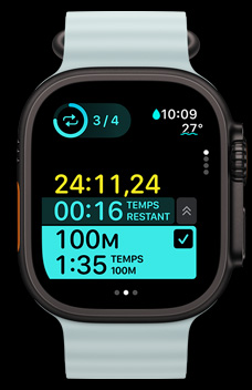 Apple Watch Ultra 2 affichant un intervalle chronométré dans le cadre d’un entraînement personnalisé.