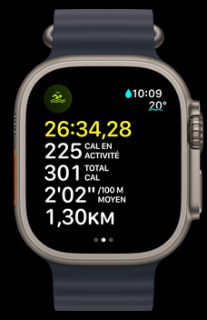 Apple Watch Ultra 2 affichant la durée, les calories dépensées et le rythme d’une séance de nage en eau libre.