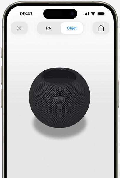 HomePod gris cosmique en RA sur l’écran d’un iPhone.