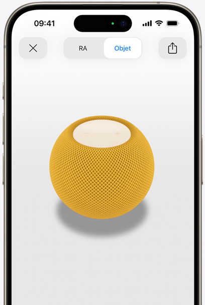 HomePod jaune en RA sur l’écran d’un iPhone.