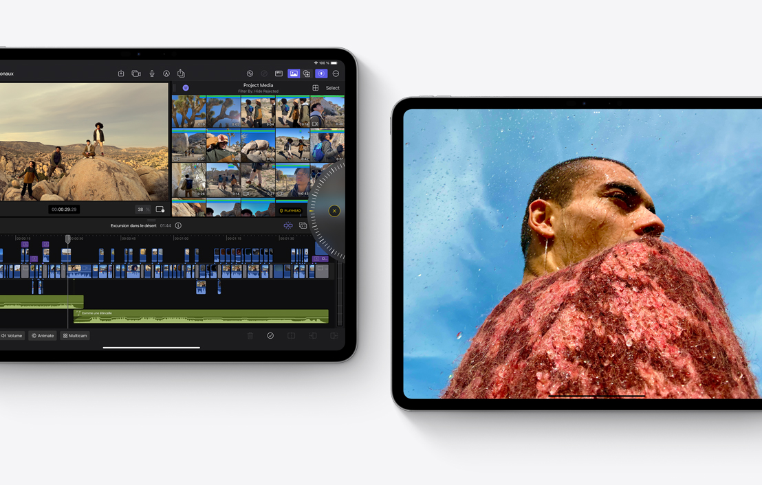 Deux iPad Pro affichant les apps Final Cut Pro 2.0 et Photos.