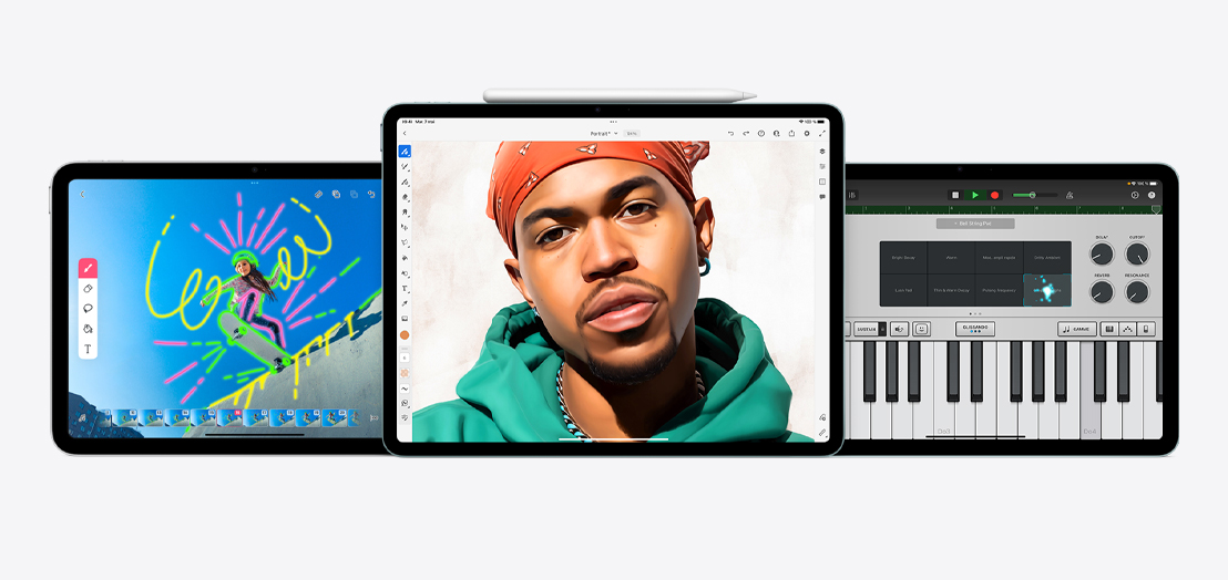Deux iPad et un iPad Air affichant les apps FlipaClip, Adobe Fresco et GarageBand.