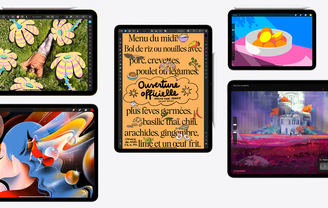 Cinq iPad affichant des apps différentes, dont Affinity Photo 2, Procreate, Affinity Designer 2 et Procreate Dreams.
