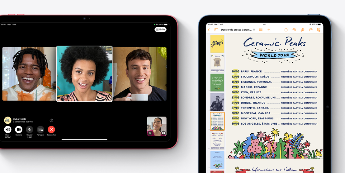 Deux iPad, l’un affichant un appel vidéo FaceTime et l’autre, l’app Pages.