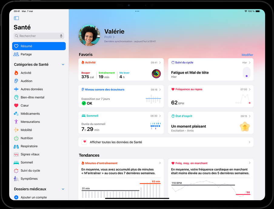 iPad Pro en orientation paysage, écran affichant la section Résumé de l’app Santé