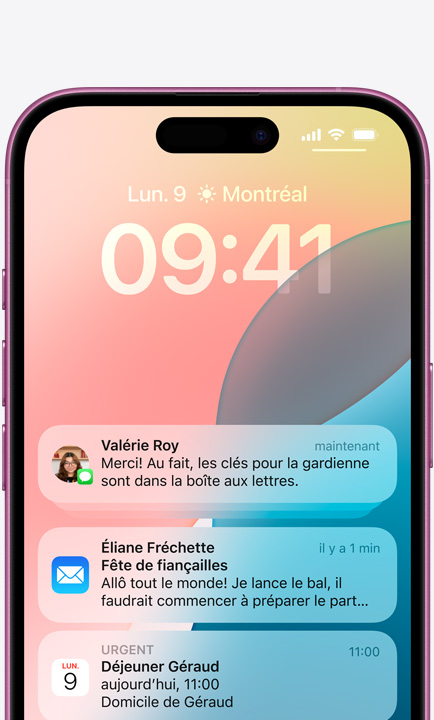 Écran d’iPhone affichant des notifications de texto et de courriel.