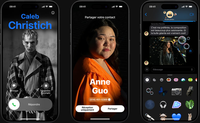 Écrans affichant des fonctionnalités d’iOS 17, y compris les affiches de contact, NameDrop et les autocollants animés