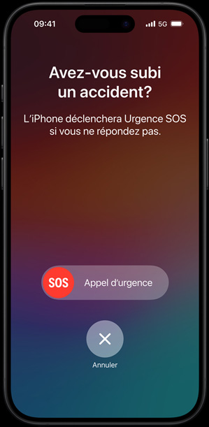 Écran de détection d’accident affichant « Avez-vous subi un accident? L’iPhone déclenchera Urgence SOS si vous ne répondez pas. »