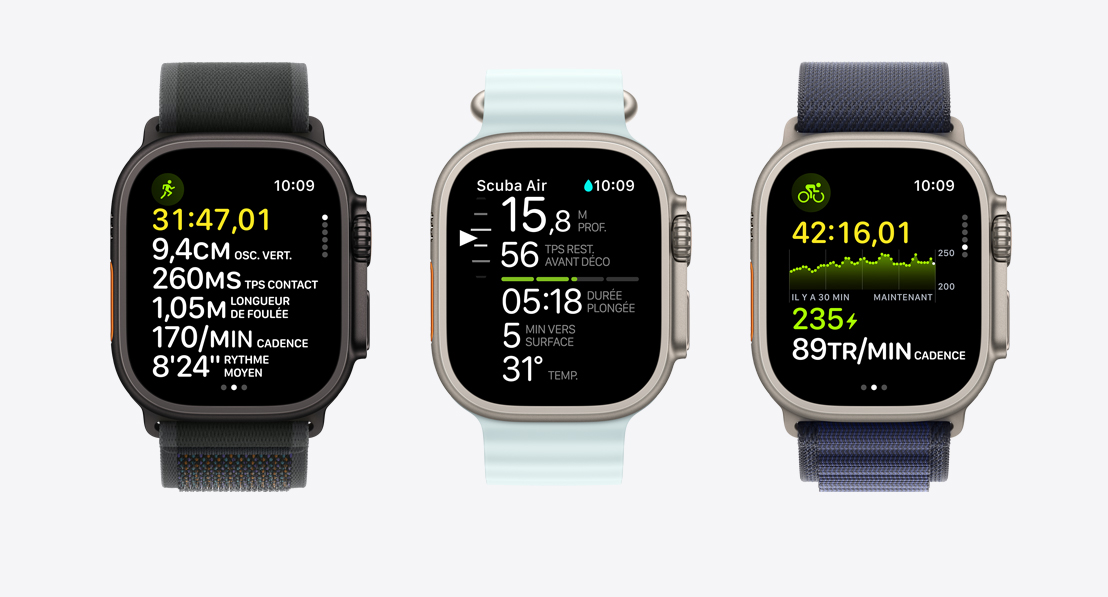 Image montrant trois Apple Watch qui affichent des données d’entraînement –une pour la course, la seconde pour la plongée autonome et la troisième pour le vélo.