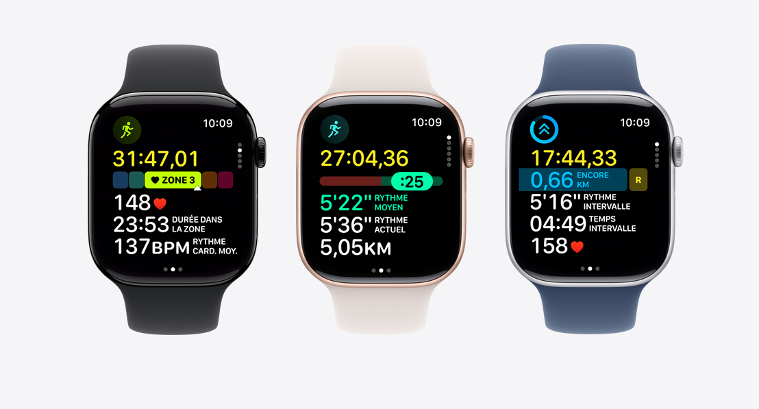 Trois Apple Watch Series 10. La première affiche les zones de fréquence cardiaque d’un entraînement, la deuxième un entraînement de rythme et la troisième un entraînement personnalisé avec intervalles.