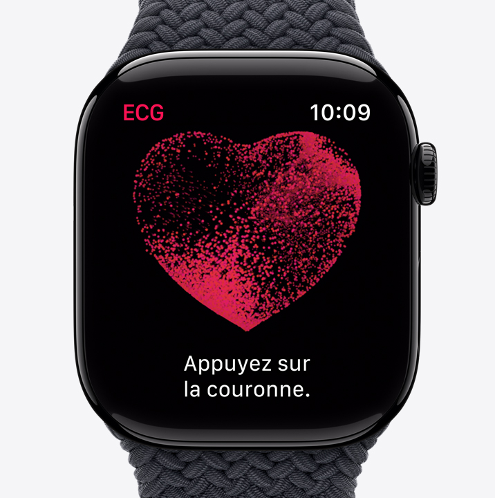 Vue de l’app ECG affichant un tracé et un compte à rebours à 24 secondes sur une Apple Watch Series 10.