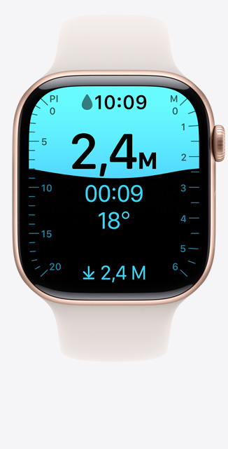 Vue de l’app Profondeur affichant une plongée à 2,4 mètres sur une Apple Watch Series 10.