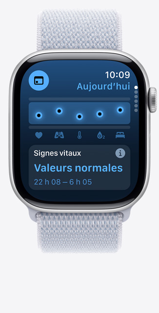 Vue de l’app Signes vitaux affichant des valeurs nocturnes normales sur une Apple Watch Series 10.