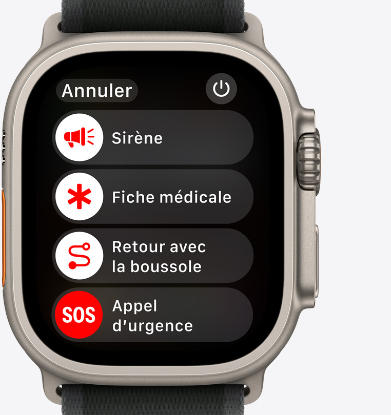 Vue avant d’une Apple Watch Ultra 2 affichant les boutons Sirène, Fiche médicale, Retour avec la boussole et Appel d’urgence.