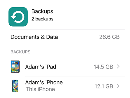 Screen of iCloud Backup data use