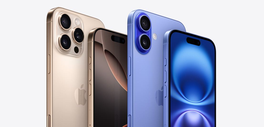 Two iPhone 16 Pro models in White Titanium, one featuring a back view of 3 Pro camera lenses and another featuring a front view — next to two iPhone 16 models in Ultramarine, one featuring a back view of 2 camera lenses and another featuring a front view.