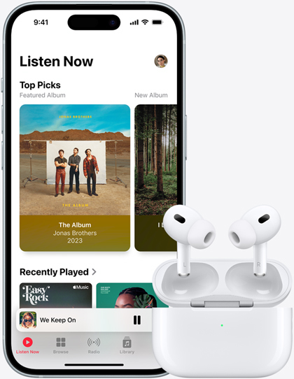 iPhone 15 playing music next to airpods