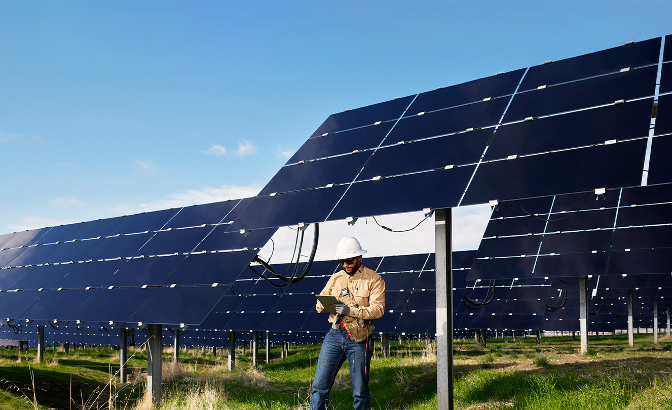 Um terreno repleto de turbinas eólicas produtoras de energia.