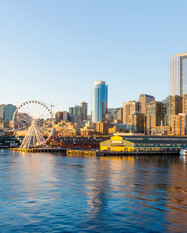 Vista del muelle de Seattle en la que aparece una noria.