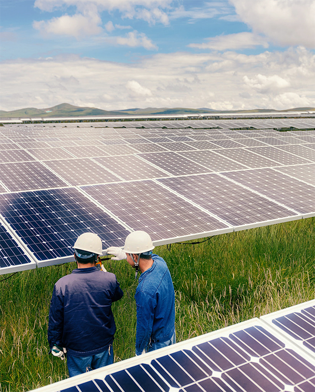 Deux personnes portant chacune un casque travaillent parmi de grands panneaux solaires dans un pré.