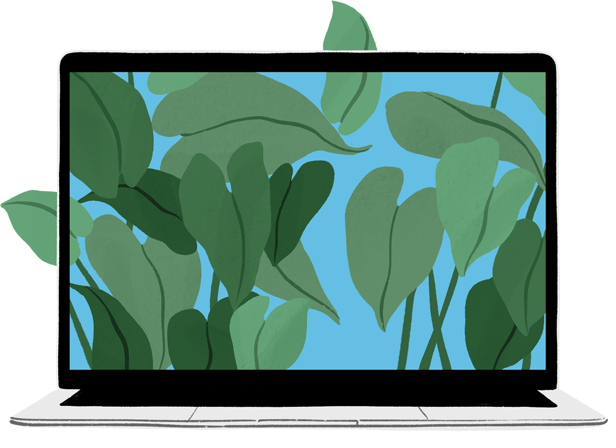 The same portrait is joined by an illustrated MacBook Air enclosure with green leaves flowing from its screen.