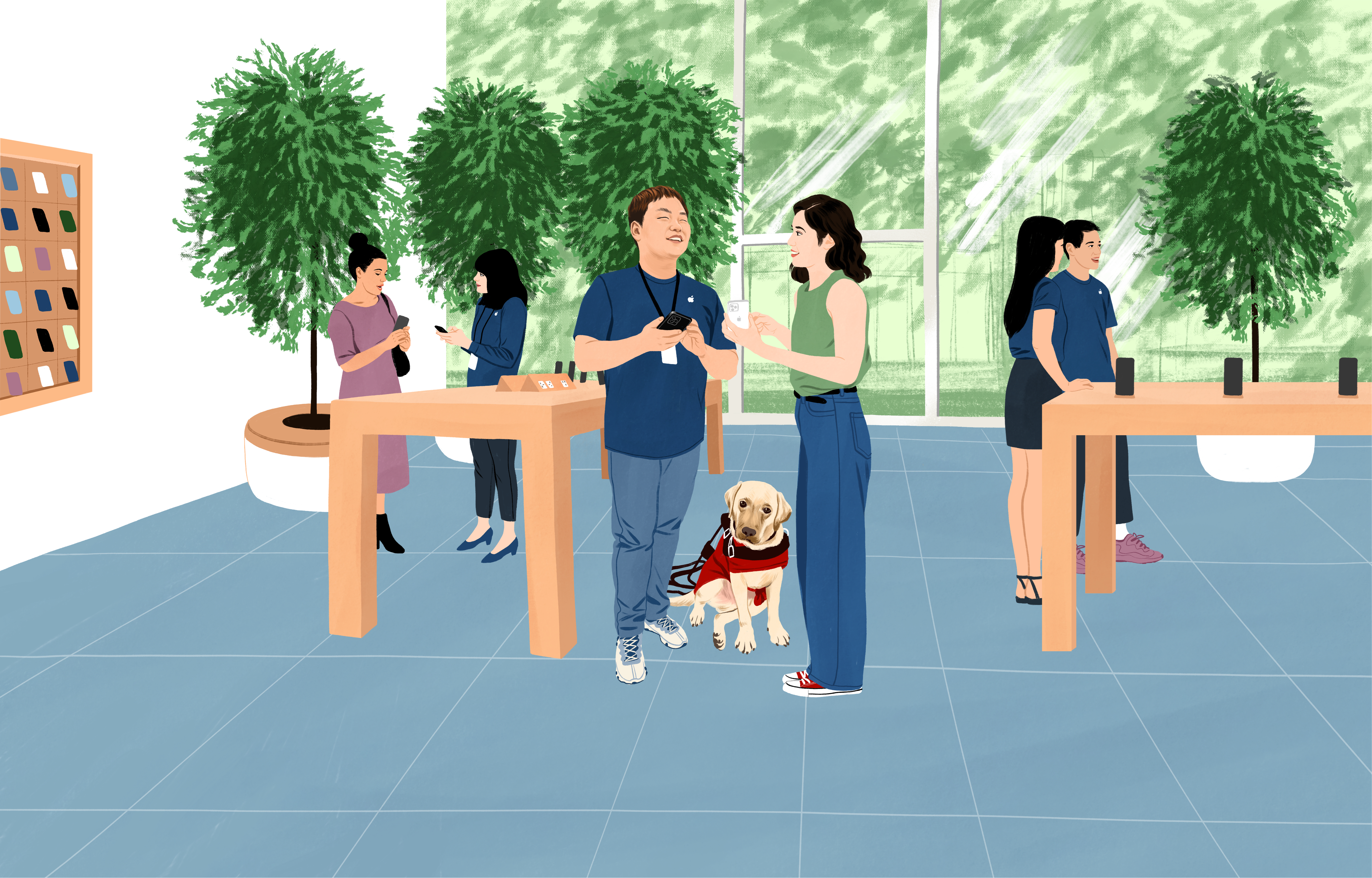 William trabajando en el Apple Store, sosteniendo su iPhone y con su perro al lado. Un cliente le hace preguntas.