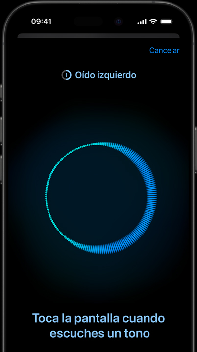 Un iPhone muestra una Prueba de Audición en progreso