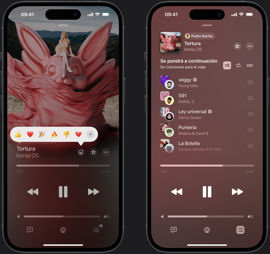 Un iPhone a la izquierda muestra en la pantalla que se está reproduciendo la canción “Tortura”, de Kenia OS, y diferentes opciones de emojis para reaccionar: pulgar hacia arriba, corazón, celebrar, pulgar hacia abajo y el signo más para agregar otra reacción. Un iPhone a la derecha muestra una playlist colaborativa llamada Canciones para el viaje con varias canciones agregadas por otras personas