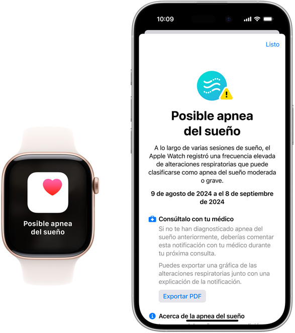 Un Apple Watch y un iPhone muestran notificaciones de Posible Apnea del Sueño en la app Salud.