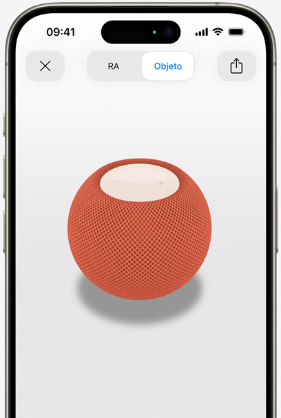 Un HomePod mini naranja en la pantalla de un iPhone con realidad aumentada.