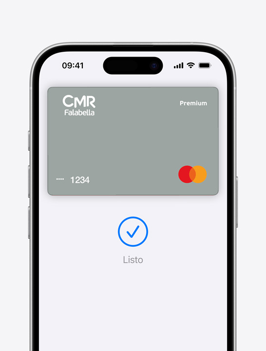 Apple Pay con una tarjeta de crédito de Falabella en la pantalla.