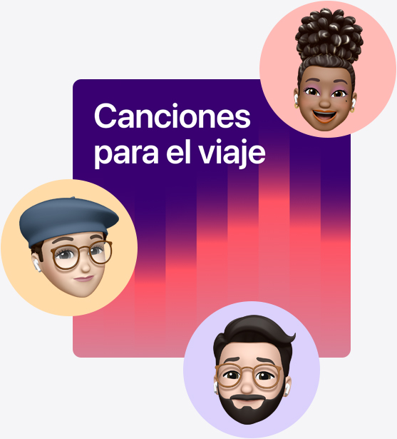 Portada de una playlist compartida llamada Canciones para el viaje rodeada de memojis