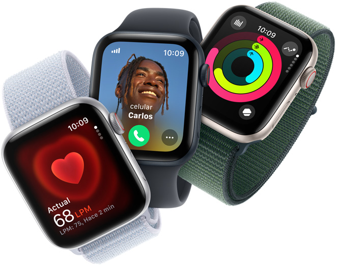 Tres dispositivos Apple Watch SE muestran un monitoreo de frecuencia cardiaca, una llamada entrante y los círculos de Actividad