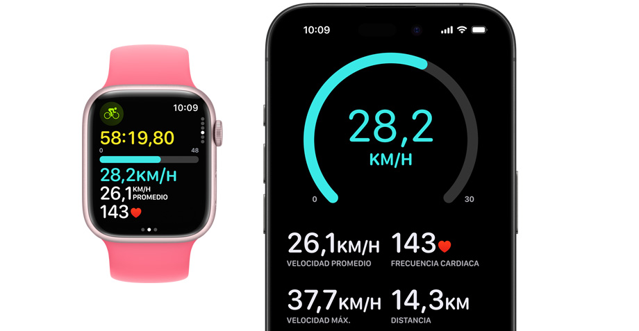 Vista frontal de un Apple Watch y un iPhone. Se inició un entrenamiento en un Apple Watch y apareció también en el iPhone.
