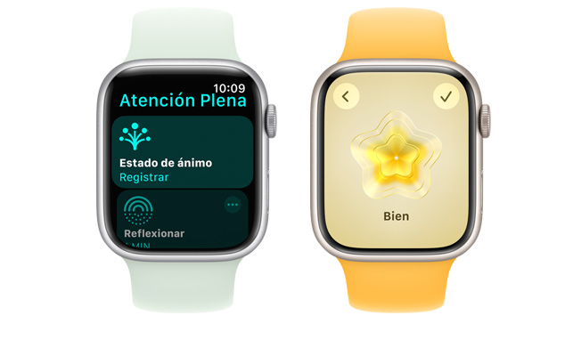 Vista frontal del Apple Watch con una imagen desde donde puedes identificar y registrar cómo te sientes.