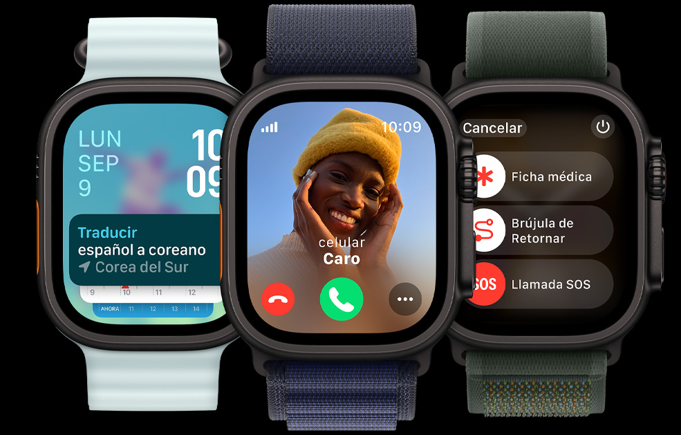 Tres pantallas del Apple Watch Ultra. Una con la app Traducir, otra con una llamada entrante y la última con los íconos de Sirena, Ficha Médica, Retornar y Llamada SOS.