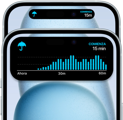 Un iPhone 15 que muestra una vista ampliada de datos de lluvias en la próxima hora en la Dynamic Island.