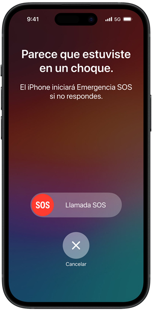 Pantalla de Detección de Choques que dice "Parece que estuviste en un choque. Este iPhone iniciará Emergencia SOS si no respondes".