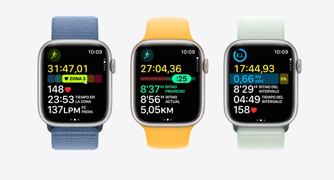Tres dispositivos Apple Watch Series 10. El primero muestra Zonas de Frecuencia Cardiaca en un entrenamiento, el segundo muestra la funcionalidad Ritmo y el tercero muestra un entrenamiento por intervalos personalizado.