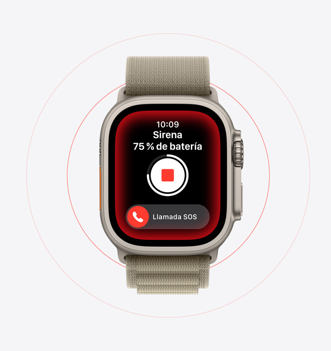 Imagen que muestra el uso de la sirena en un Apple Watch Ultra 2.
