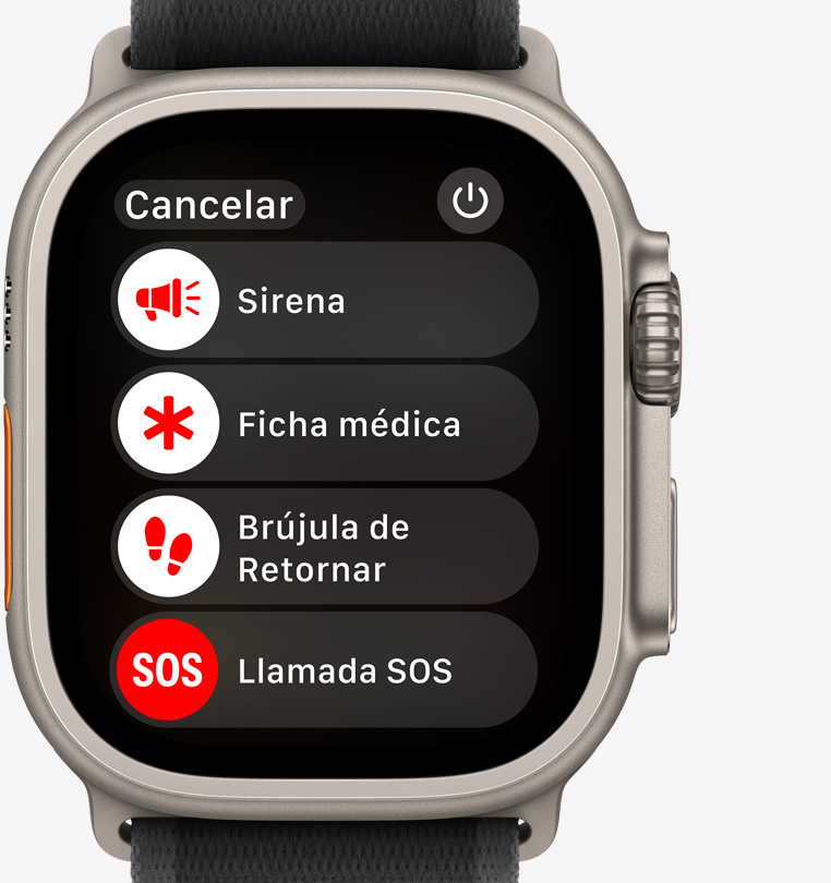 Pantalla de un Apple Watch Ultra 2 con los botones de sirena, Ficha Médica, Brújula de Retornar y Llamada SOS.