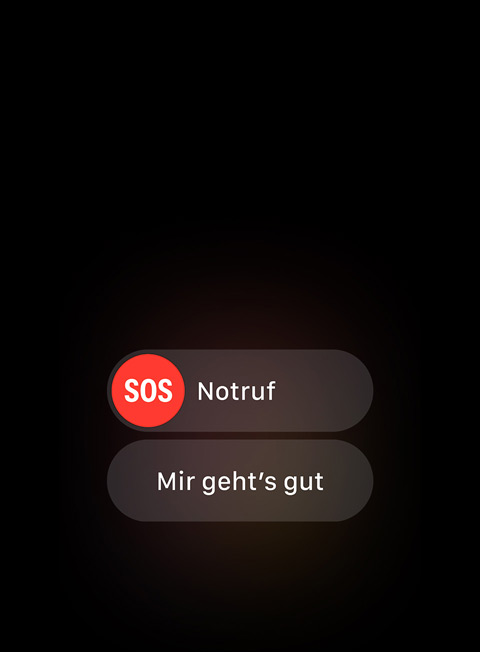 Ein Bild mit dem Wort SOS und der Option, entweder einen Notdienst zu rufen oder „Mir geht's gut“ anzugeben.