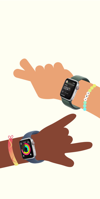 Illustration von zwei Kinderhänden. Jede trägt eine Apple Watch SE. Klick auf das Pluszeichen für weitere Infos zu Features von „Apple Watch für deine Kinder“.