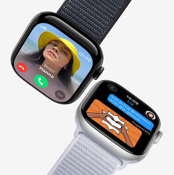 Zwei Apple Watch Displays. Das erste zeigt einen eingehenden Anruf. Das zweite zeigt eine Textnachricht.