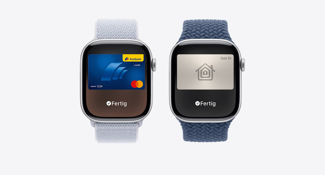 Drei Apple Watch Series 10. Die erste zeigt eine Apple Card, die mit Apple Pay verwendet wird. Die zweite zeigt eine ÖPNV Karte, die mit der Wallet App verwendet wird. Die dritte zeigt einen Hausschlüssel, der über die Wallet App verwendet wird.